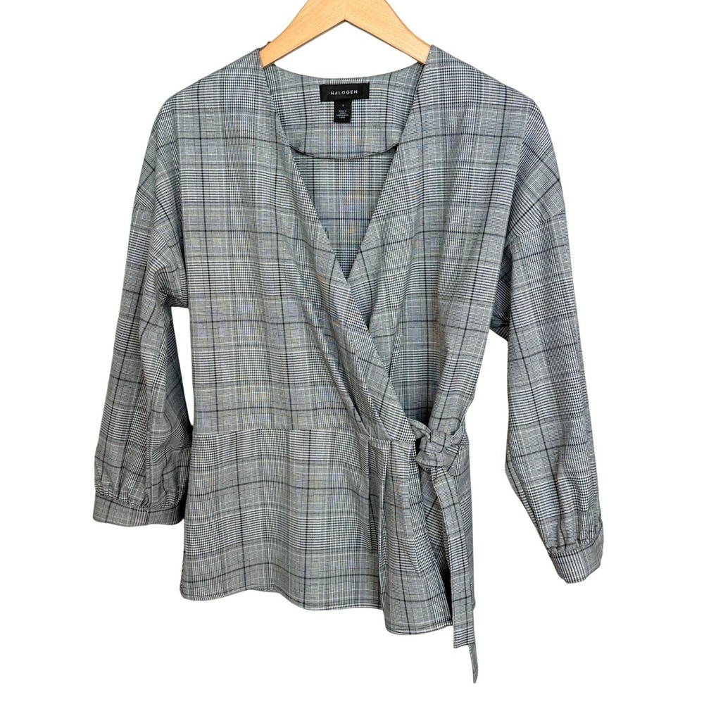 Halogen Wrap Top‎ Small Gray Plaid Long Sleeve V-Neck Side Tie Professional